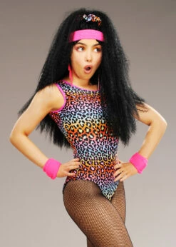 Womens 1980s Workout Neon Leopard Print Leotard -PartyPersona Store 1980s neon leopard print leotard 01