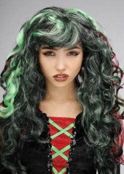 Ladies Curly Green And Purple Witch Wig