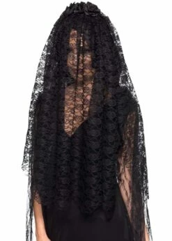 Halloween Gothic Bride Long Black Lace Veil With Flowers