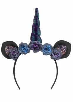 Gothic Black Unicorn Horn Headband With Flowers 6 Gothic Black Unicorn Horn Headband With Flowers -PartyPersona Store 50029 rs 01