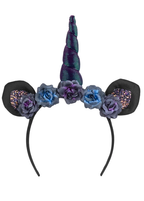 Gothic Black Unicorn Horn Headband With Flowers 4 Gothic Black Unicorn Horn Headband With Flowers - Image 2