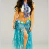 Womens Long Blue Hawaiian Grass Skirt With Flowers -PartyPersona Store 52396 long blue hawaiian grass skirt