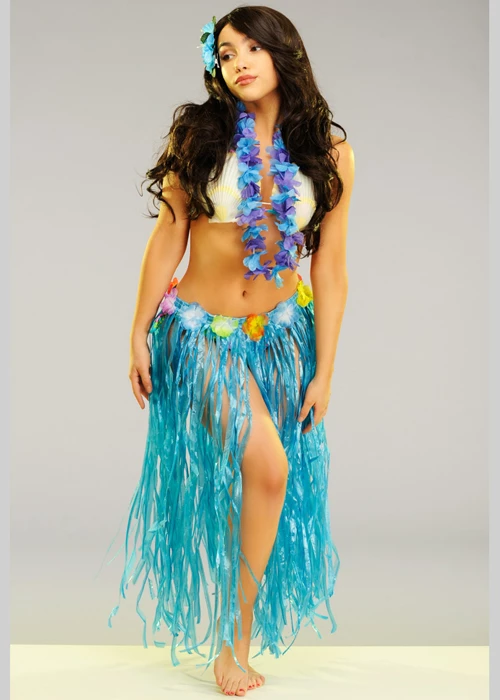 Womens Long Blue Hawaiian Grass Skirt With Flowers 3 Womens Long Blue Hawaiian Grass Skirt With Flowers