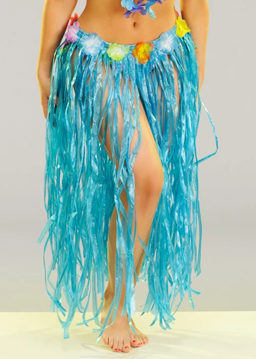 Womens Long Blue Hawaiian Grass Skirt With Flowers 4 Womens Long Blue Hawaiian Grass Skirt With Flowers - Image 2
