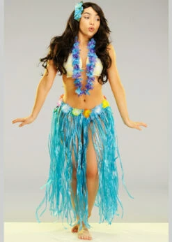 Womens Long Blue Hawaiian Grass Skirt With Flowers 7 Womens Long Blue Hawaiian Grass Skirt With Flowers -PartyPersona Store 52396 long blue hawaiian grass skirt 02