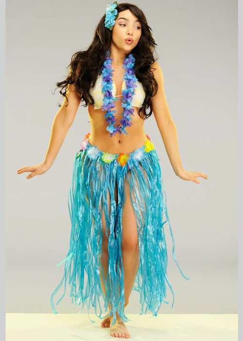 Womens Long Blue Hawaiian Grass Skirt With Flowers 5 Womens Long Blue Hawaiian Grass Skirt With Flowers - Image 3