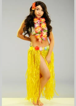 Long Yellow Hula Grass Skirt With Flowers -PartyPersona Store 52396 long yellow hawaiian grass skirt 02