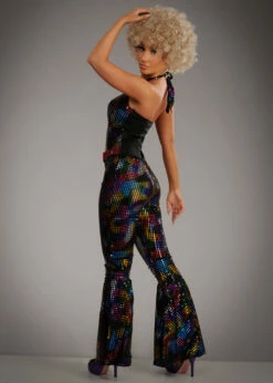 Ladies 1970s Multi-Coloured Sequin Disco Diva Costume -PartyPersona Store 70s bright sequin disco catsuit 03