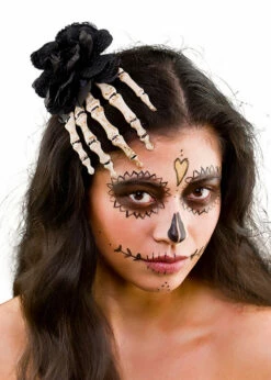 Halloween Gothic Black Rose Hair Clip With Skeleton Hand