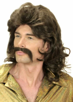 Mens 1970s Dark Brown Mullet Wig And Moustache