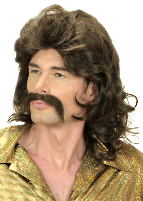 Mens 1970s Dark Brown Mullet Wig And Moustache 3 Mens 1970s Dark Brown Mullet Wig And Moustache