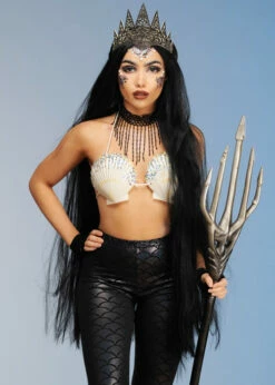 Womens Extra Long Black Gothic Mermaid Wig With Crown