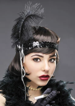 Womens 1920s Black Feather Flapper Headband