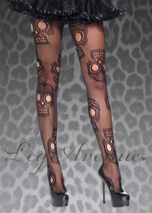 Womens Black Sugar Skull Net Tights 3 Womens Black Sugar Skull Net Tights