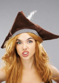 Brown Tricorn Pirate Hat With Feather