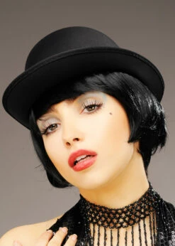 1930s Cabaret Showgirl Black Satin Bowler Hat -PartyPersona Store cabaret black satin bowler hat 01