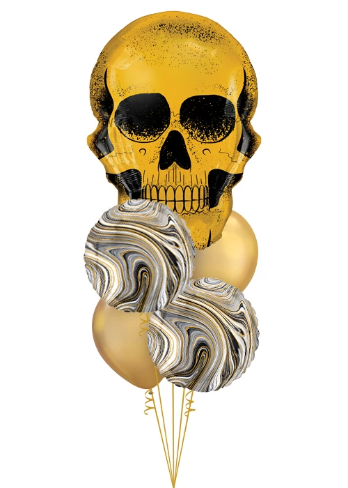 Inflated Chrome Gold Skull Halloween Helium Balloon Cluster 3 Inflated Chrome Gold Skull Halloween Helium Balloon Cluster