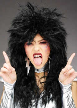 1970s Glam Rock Kiss Style Black Rockstar Wig -PartyPersona Store curly black 1970s glam rock kiss wig 02