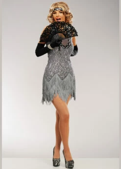 Womens Deluxe 1920s Grey Sequin Flapper Costume -PartyPersona Store deluxe 1920s silver flapper costume 86855 02