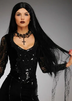 Womens Halloween Deluxe Long Black Morticia Style Wig