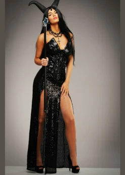 Womens Deluxe Black Sequin Maleficent Style Costume -PartyPersona Store deluxe sequin maleficent dress only 02