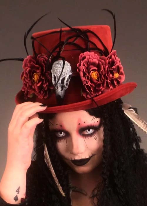 Halloween Deluxe Voodoo Burgundy Top Hat With Feathers 3 Halloween Deluxe Voodoo Burgundy Top Hat With Feathers