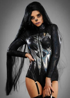 Ladies Halloween Extra Long Black Wig -PartyPersona Store extra long black halloween wig 02