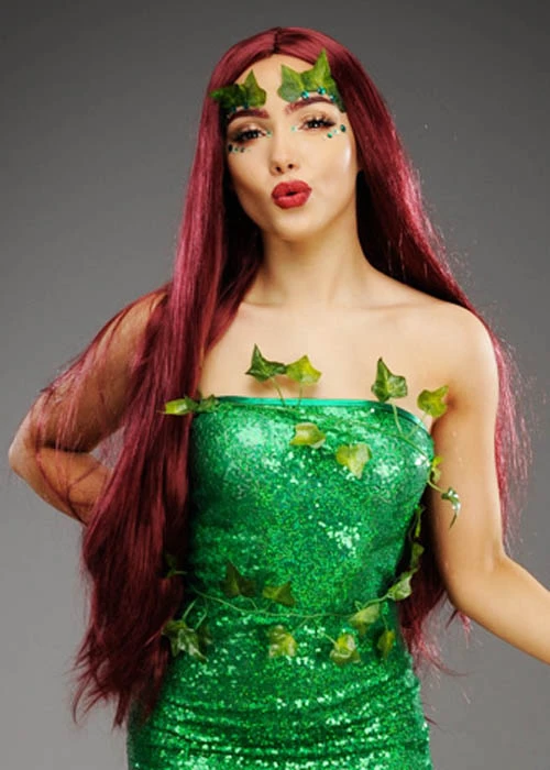Womens Extra Long Burgundy Poison Ivy Style Wig 4 Womens Extra Long Burgundy Poison Ivy Style Wig - Image 2