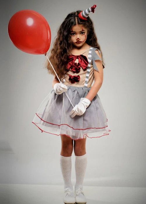 Girls Halloween Gothic Grey Clown Costume 3 Girls Halloween Gothic Grey Clown Costume