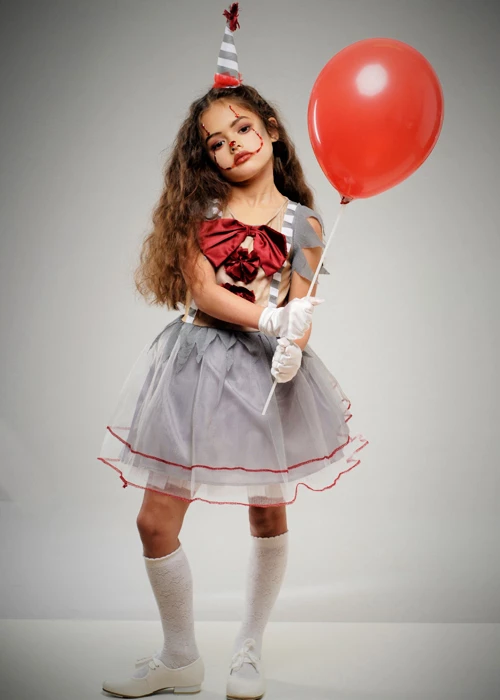 Girls Halloween Gothic Grey Clown Costume 4 Girls Halloween Gothic Grey Clown Costume - Image 2
