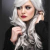 Womens Gothic Long Curly Grey Allure Wig -PartyPersona Store gothic grey curly halloween wig 2611