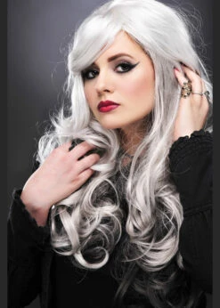 Womens Gothic Long Curly Grey Allure Wig -PartyPersona Store gothic grey curly halloween wig 2611 02