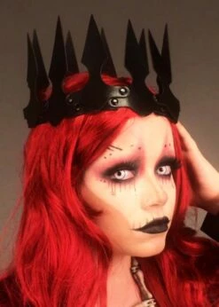 Deluxe Halloween Black Dramatic Spiked Crown Headpiece -PartyPersona Store halloween black leather evil queen crown 01