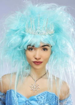 Womens Aqua Blue Snow Queen Wig With Tiara -PartyPersona Store icicle snow queen wig and tiara 01