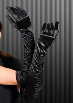 Womens 1920s Flapper Long Black Satin Gloves