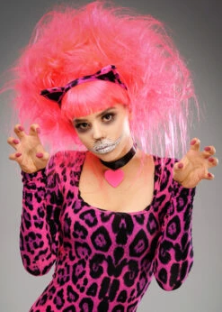 Womens Backcombed Neon Pink Cheshire Cat Wig
