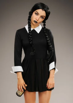 Womens Petite Halloween Wednesday Style Costume -PartyPersona Store petite wednesday addams costume 83530 01