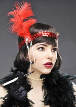Womens 1920s Red Feather Flapper Headband