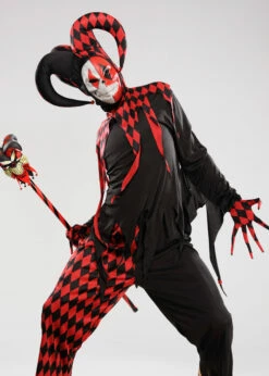 Mens Halloween Evil Crazed Jester Costume -PartyPersona Store red evil jester costume 844205 01