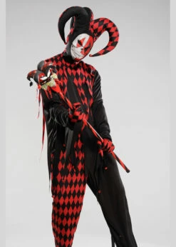 Mens Halloween Evil Crazed Jester Costume -PartyPersona Store red evil jester costume 844205 02