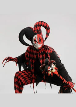 Mens Halloween Evil Crazed Jester Costume -PartyPersona Store red evil jester costume 844205 03