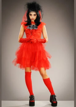 Womens Beetlejuice Style Lydia Red Bride Costume -PartyPersona Store short red beetlejuice bride lydia costume 86730 02