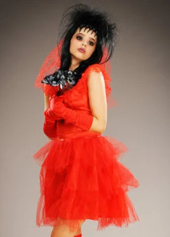 Womens Beetlejuice Style Lydia Red Bride Costume -PartyPersona Store short red beetlejuice bride lydia costume 86730 03