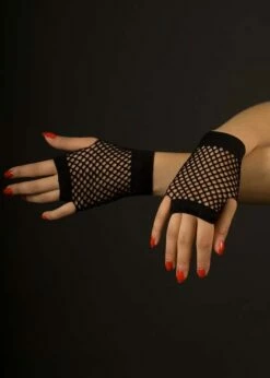 Womens 80s Short Black Fishnet Gloves