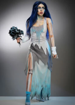 Womens Halloween Long Corpse Bride Style Costume -PartyPersona Store womens blue corpse bride costume 01