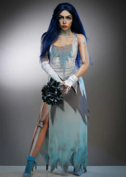 Womens Halloween Long Corpse Bride Style Costume -PartyPersona Store womens blue corpse bride costume 02