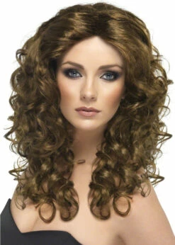 80s Fancy Dress Curly Brown Glamour Wig