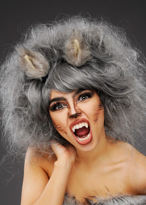 Womens Deluxe Grey Wolf Wig With Fluffy Ears 3 Womens Deluxe Grey Wolf Wig With Fluffy Ears