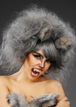 Womens Deluxe Grey Wolf Wig With Fluffy Ears 7 Womens Deluxe Grey Wolf Wig With Fluffy Ears -PartyPersona Store womens grey backcombed wolf wig and ears 02