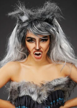 Womens Long Grey Werewolf Wig With Wolf Ears -PartyPersona Store womens grey werewolf wig and ears 02